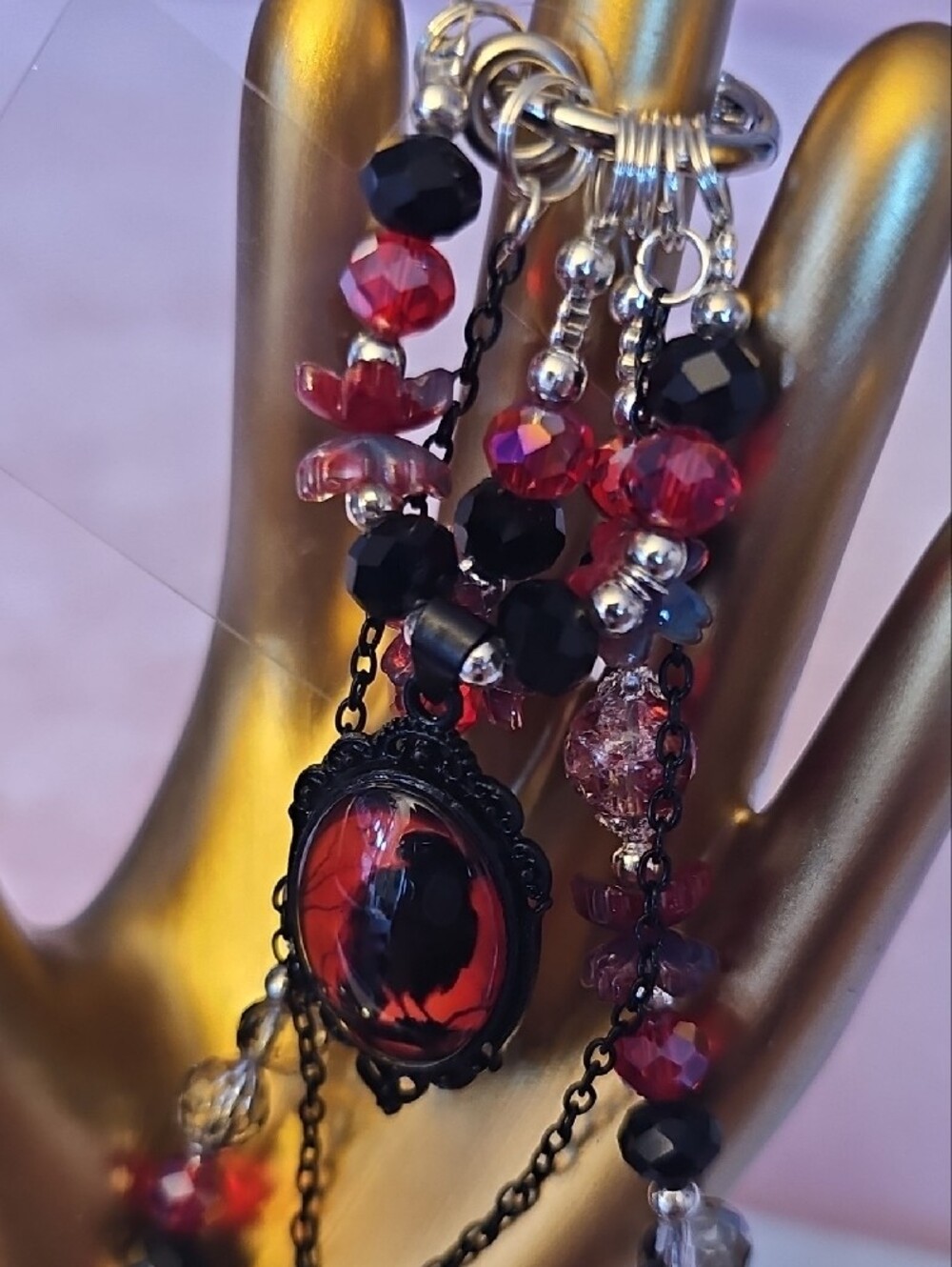 CHARMS: Black Raven Pendant Phone Charm - Red and Black - Picture 4 of 4